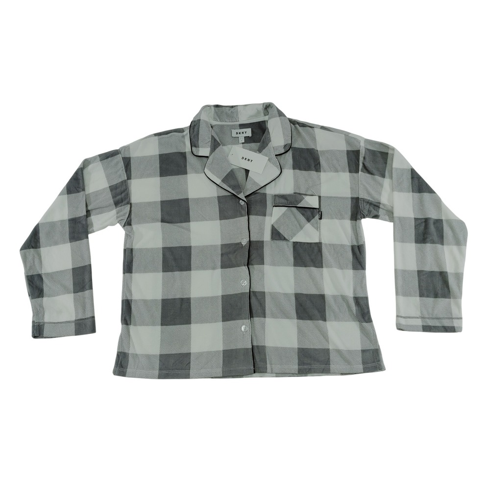 DKNY Womens Grey White Buffalo Plaid Fleece Pajama Top Button Front Size M